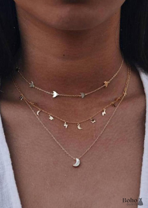Conjunto de collares bohemios dorados con fénix lunar